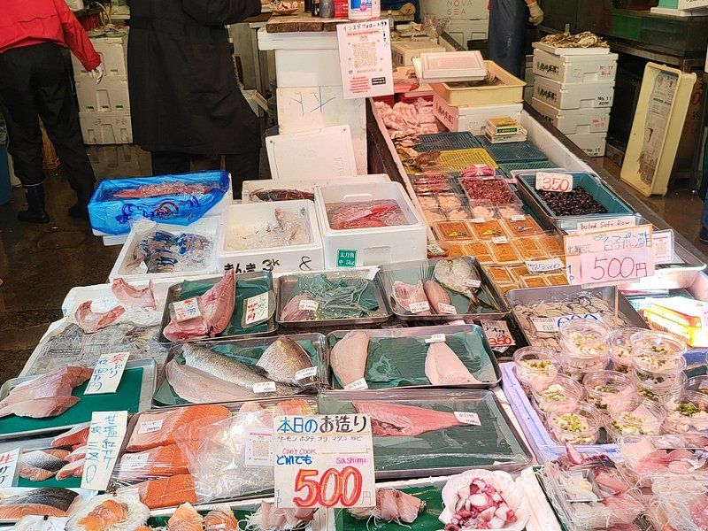 A Tsukiji counter of packed fish fillets priced at 500 yen a tray